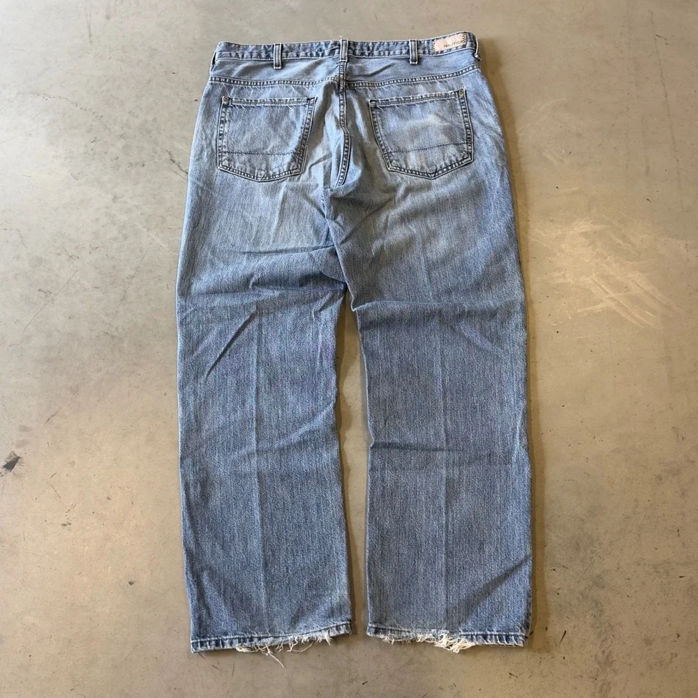 Nautica Mens Blue Relaxed Fit Straight Leg Denim Jeans 36x30 Distressed Hem